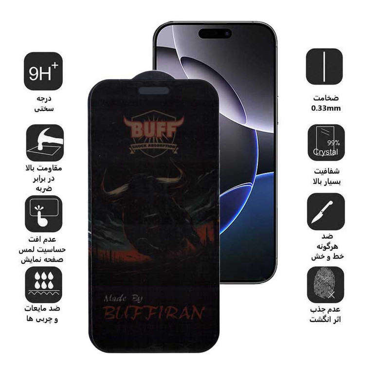 محافظ صفحه نمایش حریم شخصی بوف مدل BullRun Privacy Pro-G مناسب برای گوشی موبایل اپل iPhone 16 Pro