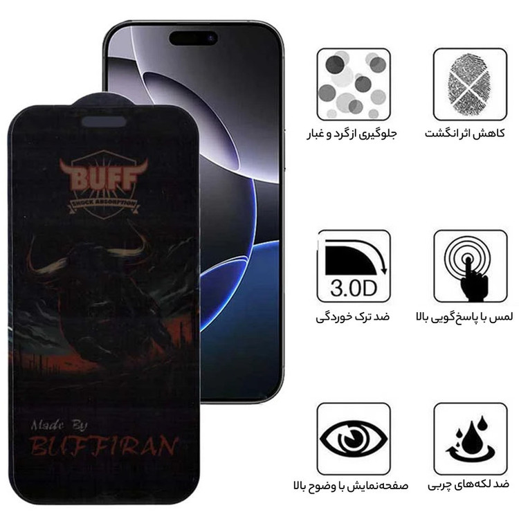 محافظ صفحه نمایش حریم شخصی بوف مدل BullRun Privacy Pro-G مناسب برای گوشی موبایل اپل iPhone 16 Pro