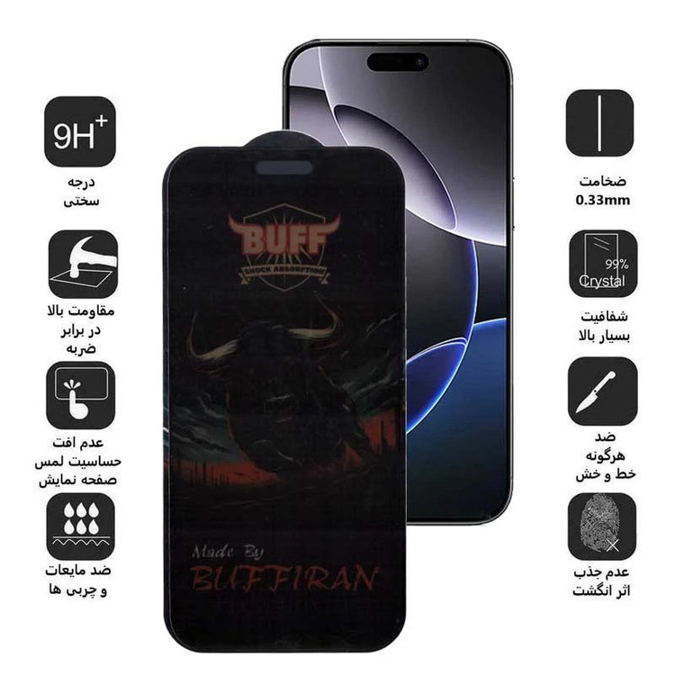 محافظ صفحه نمایش حریم شخصی بوف مدل BullRun Privacy Pro-Guarantee مناسب برای گوشی موبایل اپل iPhone 16 Pro Max