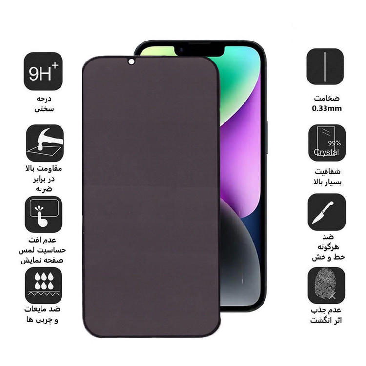 محافظ صفحه نمایش حریم شخصی بوف مدل 5D Privacy مناسب برای گوشی موبایل اپل iPhone 16e/14/13 Pro/13