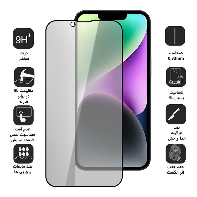 محافظ صفحه نمایش حریم شخصی بوف مدل 5D Privacy-G مناسب برای گوشی موبایل اپل iPhone 16e/14/13 Pro/13