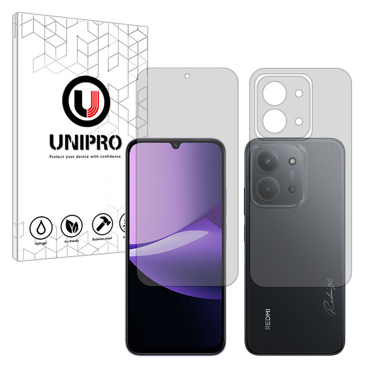 محافظ صفحه نمایش شفاف یونی پرو مدل Explosion Proof مناسب برای گوشی موبایل شیائومی Redmi 15C 4G به همراه محافظ پشت گوشی