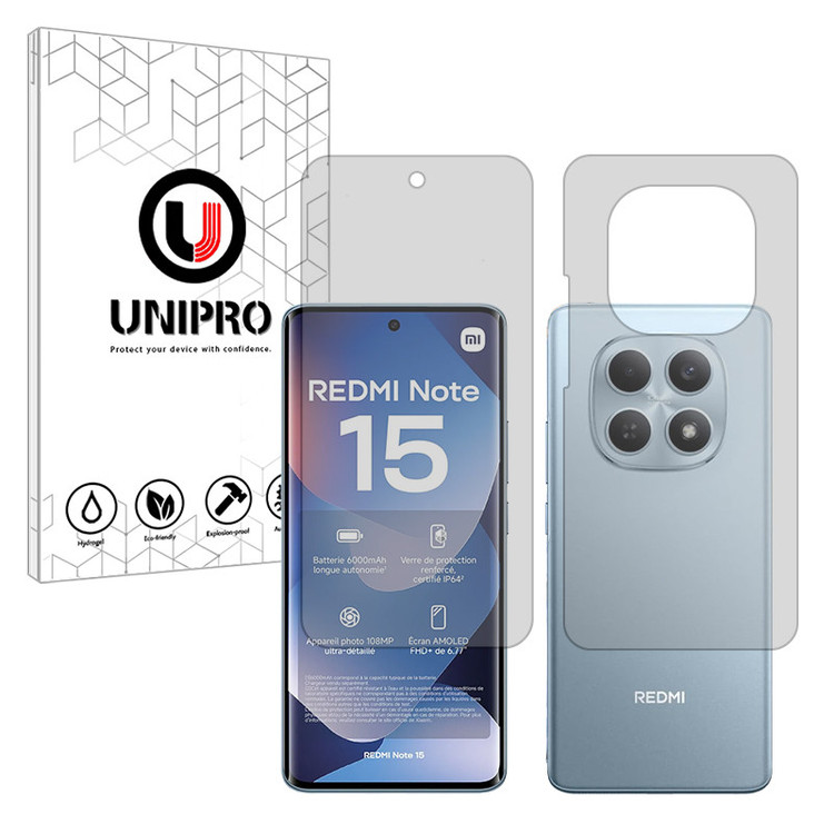 محافظ صفحه نمایش مات یونی پرو مدل Explosion Proof مناسب برای گوشی موبایل شیائومی Redmi Note 15 4G به همراه محافظ پشت گوشی موبایل
