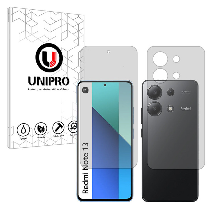 محافظ صفحه نمایش شفاف یونی پرو مدل Explosion Proof مناسب برای گوشی موبایل شیائومی Redmi Note 13 4G به همراه محافظ پشت گوشی