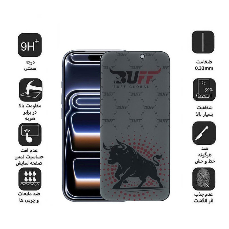 محافظ صفحه نمایش حریم شخصی بوف مدل Fighter Pri Pro مناسب برای گوشی موبایل اپل iPhone 17 Pro/ 17/ 16 Pro