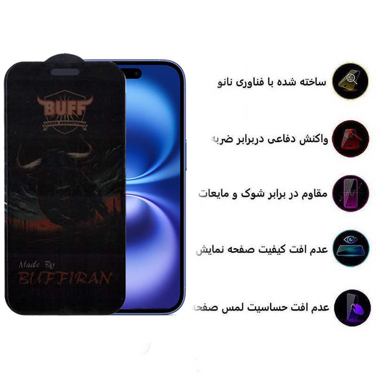 محافظ صفحه نمایش حریم شخصی بوف مدل BullRun Privacy Pro مناسب برای گوشی موبایل اپل iPhone 16/15