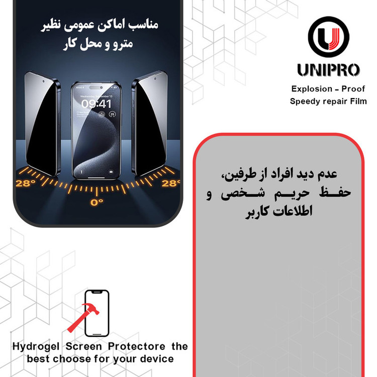 محافظ صفحه نمایش حریم شخصی یونی پرو مدل هیدروژلی مناسب برای گوشی موبایل اپل iPhone 17e