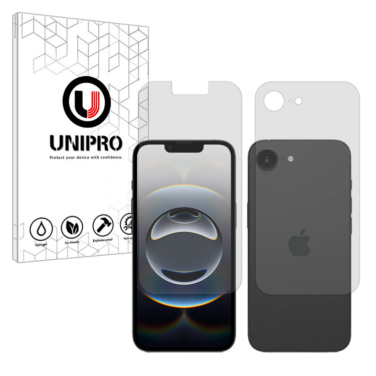 محافظ صفحه نمایش شفاف یونی پرو مدل Explosion Proof مناسب برای گوشی موبایل اپل iPhone 16e به همراه محافظ پشت گوشی
