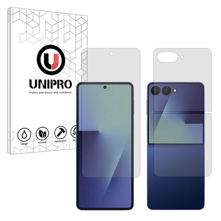 محافظ صفحه نمایش شفاف یونی پرو مدل Explosion Proof مناسب برای گوشی موبایل سامسونگ Galaxy Z Flip7 به همراه محافظ پشت گوشی