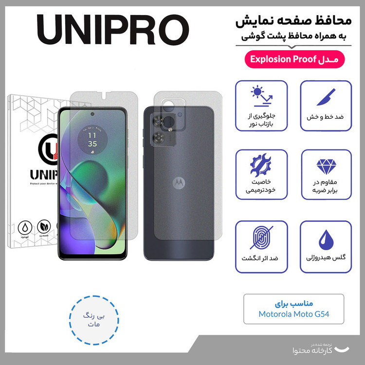 محافظ صفحه نمایش مات یونی پرو مدل Explosion Proof مناسب برای گوشی موبایل موتورولا Moto G54 به همراه محافظ پشت گوشی