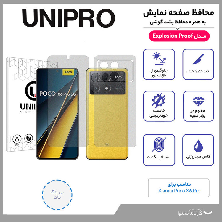 محافظ صفحه نمایش مات یونی پرو مدل Explosion Proof مناسب برای گوشی موبایل شیائومی Poco X6 Pro به همراه محافظ پشت گوشی