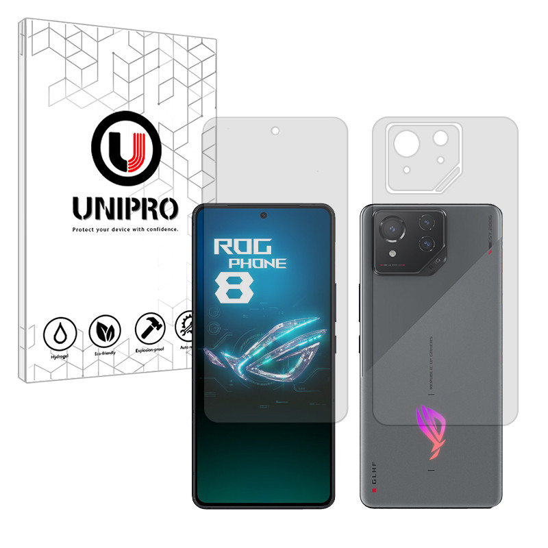 محافظ صفحه نمایش شفاف یونی پرو مدل Explosion Proof مناسب برای گوشی موبایل ایسوس ROG Phone 8 به همراه محافظ پشت گوشی