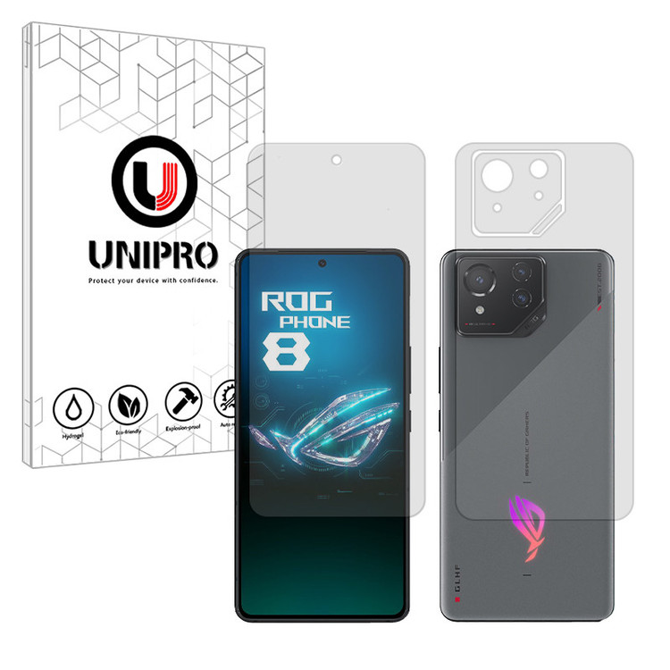 محافظ صفحه نمایش شفاف یونی پرو مدل Explosion Proof مناسب برای گوشی موبایل ایسوس ROG Phone 8 به همراه محافظ پشت گوشی