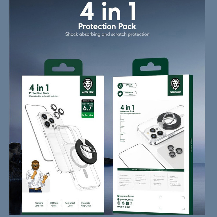 محافظ صفحه نمایش گرین مدل protection pack مناسب برای گوشی موبایل اپل iphone 14 pro max به همراه محافظ لنز و کاور و پایه نگهدارنده