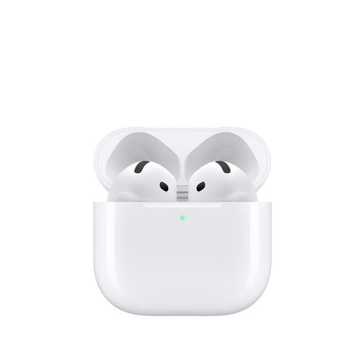 هدفون بلوتوثی اپل مدل AirPods 4 دارای نویز کنسلینگ، درگاه شارژ USB-Type-C و شارژ بی سیم، با قابلیت اتصال به چند دستگاه، پشتیبانی از فرمان لمسی و دستیار صوتی، نشانگر LED، مقاوم در برابر پاشش آب و گرد و غبار