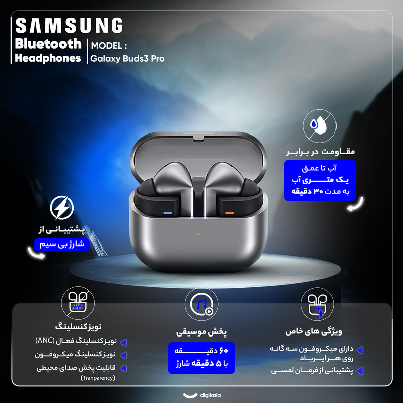 هدفون بلوتوثی سامسونگ مدل Galaxy Buds3 Pro دارای نویز کنسلینگ فعال (ANC)، درگاه شارژ USB Type-C، شارژ بی سیم، با قابلیت اتصال به چند دستگاه، پشتیبانی از فرمان لمسی، پشتیبانی از دستیار صوتی، مقاوم در برابر آب
