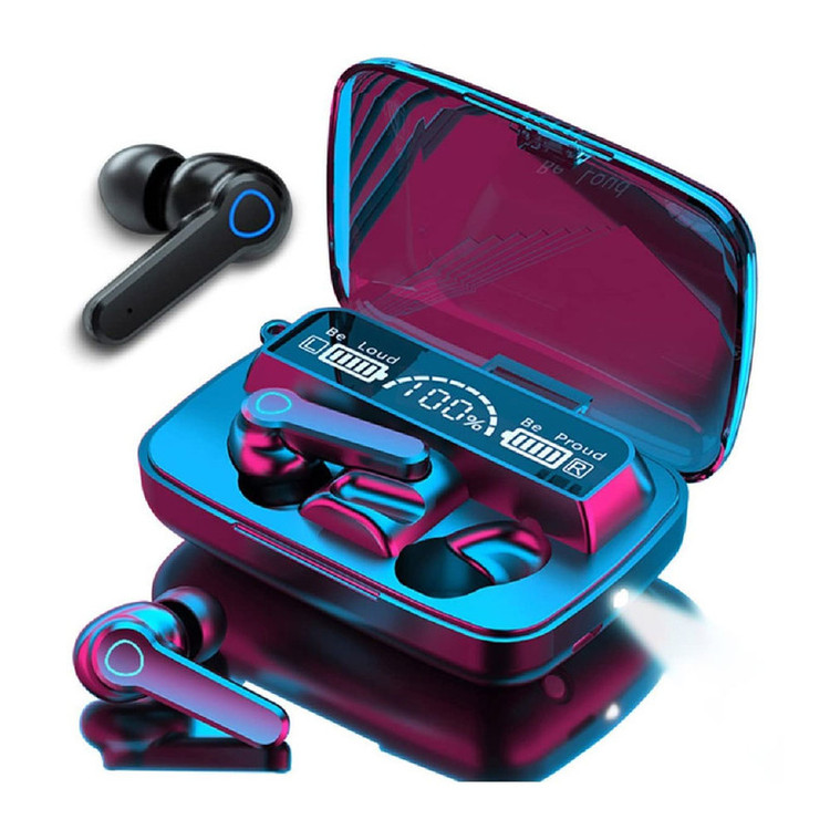 هدغون بلوتوثی مدل air pods m19 بدون قابلیت نویز کنسلینگ، درگاه شارژ microUSB، دارای کنترلر لمسی روی گوشیها، امکان استفاده از محفظه شارژ به عنوان پاور بانک