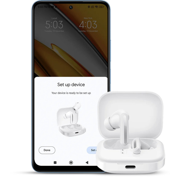 هدفون بلوتوثی شیائومی مدل Redmi Buds 5 با نویز کنسلینگ فعال (ANC)، درگاه شارژ USB Type-C، دارای نشانگر روی محفظه شارژ