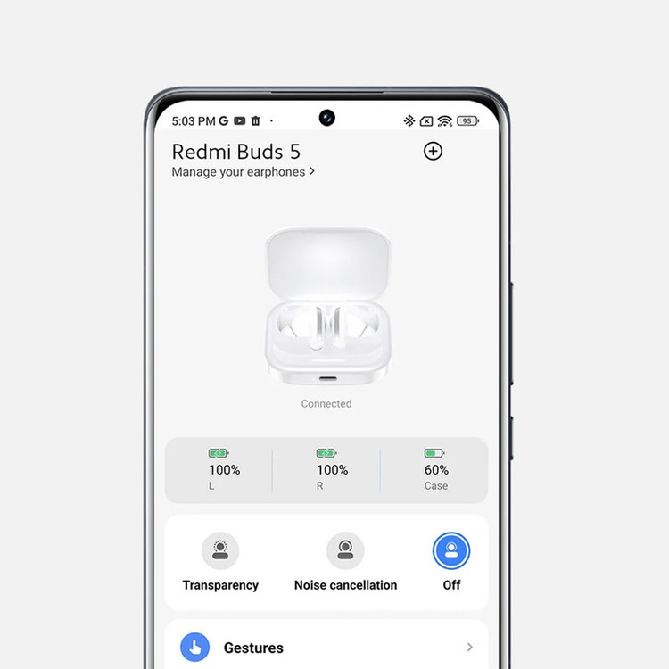 هدفون بلوتوثی شیائومی مدل Redmi Buds 5 با نویز کنسلینگ فعال (ANC)، درگاه شارژ USB Type-C، دارای نشانگر روی محفظه شارژ