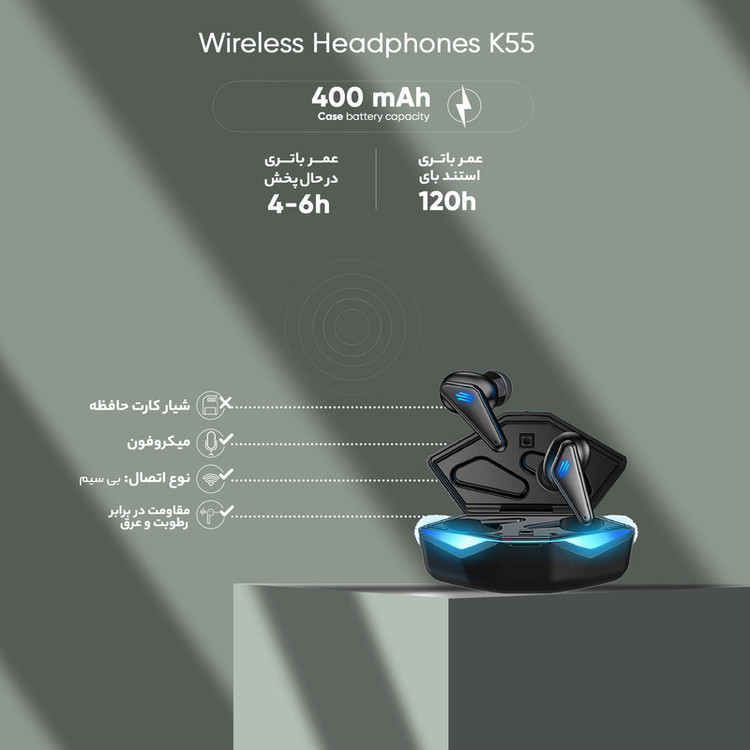 هدفون بلوتوثی مدل K55 بدون نویز کنسلینگ، درگاه شارژ USB Type-C، پشتیبانی از فرمان لمسی، دارای سه میکروفون، مقاومت در برابر رطوبت و عرق