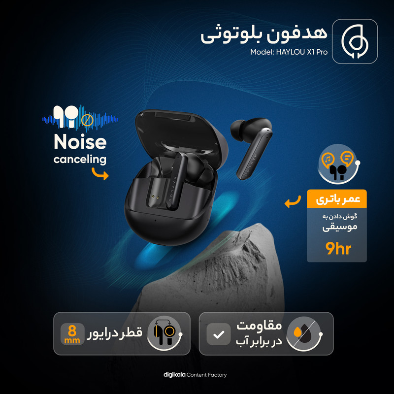 هدفون بلوتوثی هایلو مدل X1 Pro با نویز کنسلینگ فعال (ANC)، درگاه شارژ USB Type-C، دارای سه میکروفون در هر ایرباد، مقاوم در برابر پاشش آب (IPX4)