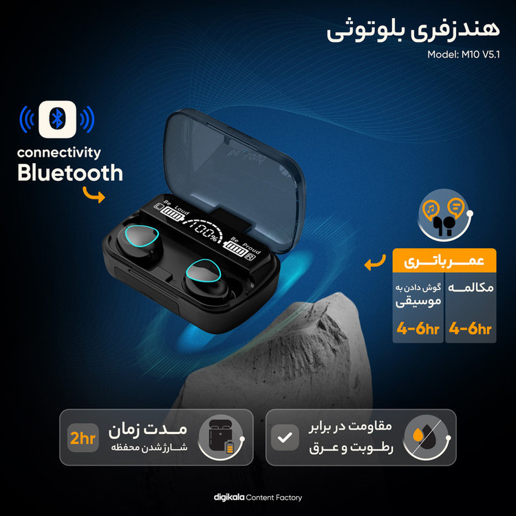 هدفون بلوتوثی مدل M10 V5.1 بدون قابلیت نویز کنسلینگ، درگاه شارژ Micro USB، دارای نشانگر LED، قابلیت استفاده به عنوان پاوربانک، مقاومت در برابر رطوبت و عرق