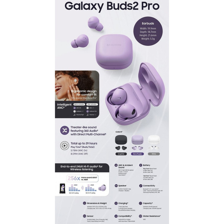 هدفون بلوتوثی سامسونگ مدل Galaxy Buds2 Pro با نویز کنسلینگ فعال (ANC)، درگاه شارژ USB Type-C، دارای میکروفون سهگانه، مقاوم در برابر رطوبت و عرق، مجهز به سنسور شتابسنج و مقاومت در برابر آب IPX7