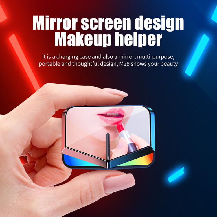 هدفون بلوتوثی مدل M28 بدون قابلیت نویز کنسلینگ، درگاه شارژ USB Type-C، دارای پشتیبانی از فرمان لمسی، دارای نمایشگر میزان شارژ روی محفظه