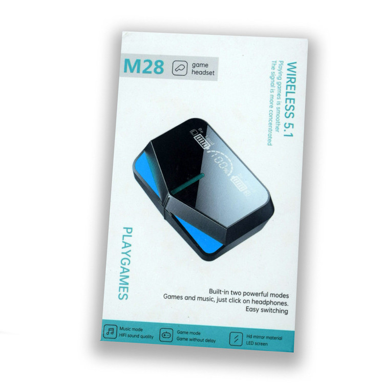هدفون بلوتوثی مدل M28 بدون قابلیت نویز کنسلینگ، درگاه شارژ USB Type-C، دارای پشتیبانی از فرمان لمسی، دارای نمایشگر میزان شارژ روی محفظه