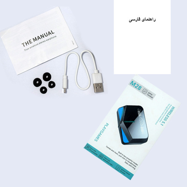 هدفون بلوتوثی مدل M28 بدون قابلیت نویز کنسلینگ، درگاه شارژ USB Type-C، دارای پشتیبانی از فرمان لمسی، دارای نمایشگر میزان شارژ روی محفظه