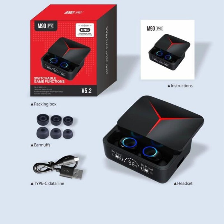 هدفون بلوتوثی مدل M90 Pro بدون قابلیت نویز کنسلینگ، درگاه شارژ USB Type-C، با قابلیت شارژ سریع، دارای نشانگر LED، امکان استفاده به عنوان پاوربانک، مقاوم در برابر آب