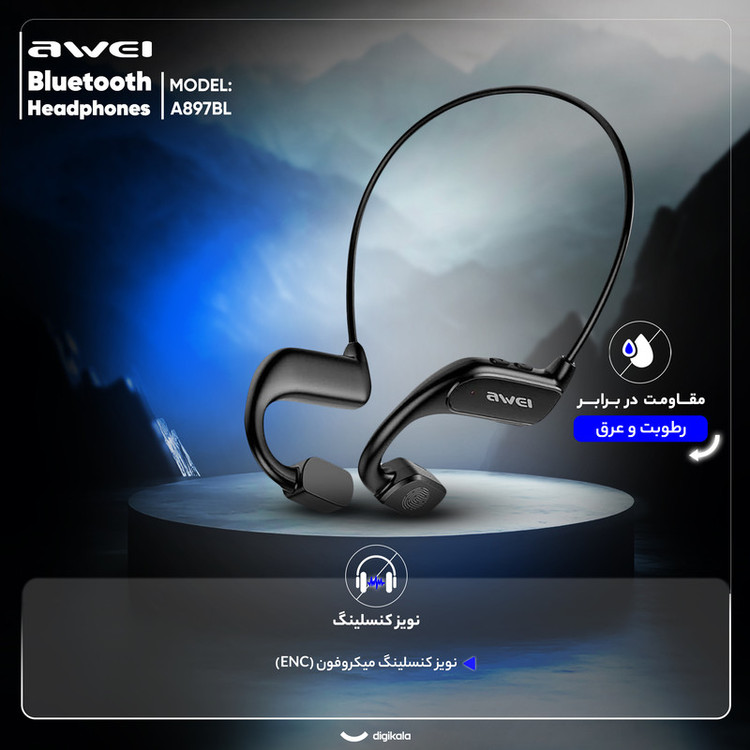 هدفون بلوتوثی گردنی مدل A897BL با نویز کنسلینگ فعال (ANC)، درگاه شارژ USB Type-C، دارای کلیدهای فیزیکی و پنل لمسی جهت مدیریت موسیقی و مکالمه، مقاوم در برابر رطوبت و عرق