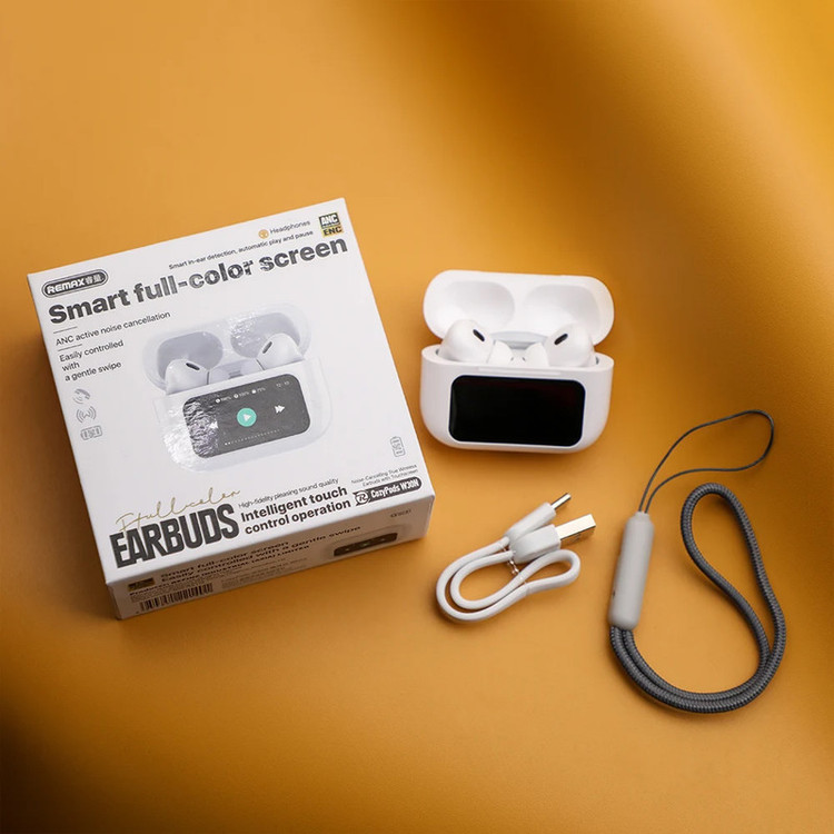 هدفون بلوتوثی ریمکس مدل CozyPods W30N دارای نویز کنسلینگ فعال (ANC)، درگاه شارژ USB Type-C، دارای نمایشگر روی صفحه محفظه شارژ