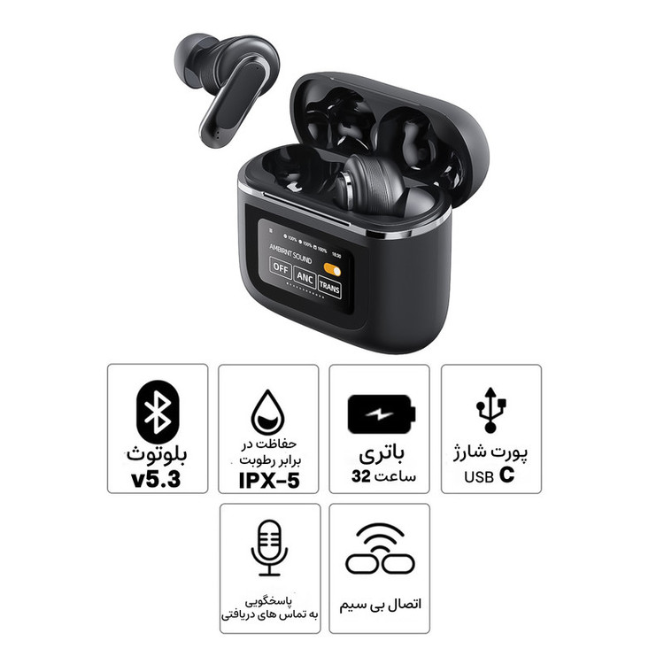 هدفون بلوتوثی لوکسار مدل V8 دارای نویز کنسلینگ فعال (ANC) و نویز کنسلینگ میکروفون (ENC)، درگاه شارژ UBC Type-C، دارای نمایشگر روی محفظه شارژ