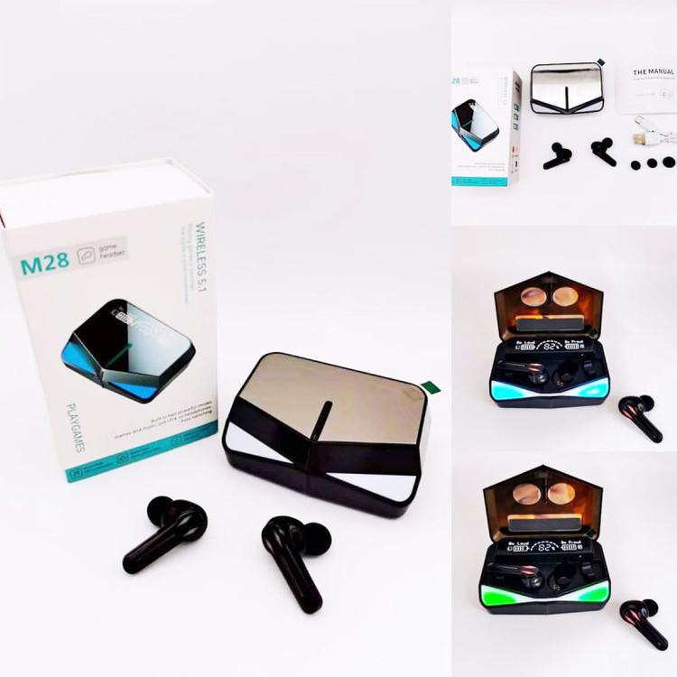 هدفون بلوتوثی داماکس مدل M28-C-Damax بدون قابلیت نویز کنسلینگ، درگاه شارژ USB Type-C، دارای نشانگر LED، نشانگر باتری روی محفظه شارژر