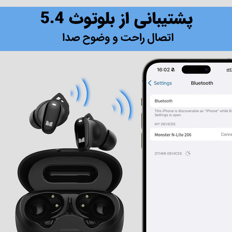 هدفون بلوتوثی مانستر مدل N-Lite 206 با نویز کنسلینگ میکروفون (ENC)، درگاه شارژ USB Type-C، دارای نشانگر LED، پشتیبانی از فرمان لمسی، مقاوم در برابر آب با استاندارد ضد آب IPX6