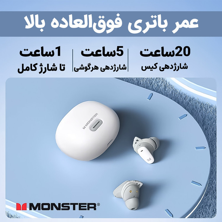 هدفون بلوتوثی مانستر مدل N-Lite 206 با نویز کنسلینگ میکروفون (ENC)، درگاه شارژ USB Type-C، دارای نشانگر LED، پشتیبانی از فرمان لمسی، مقاوم در برابر آب با استاندارد ضد آب IPX6
