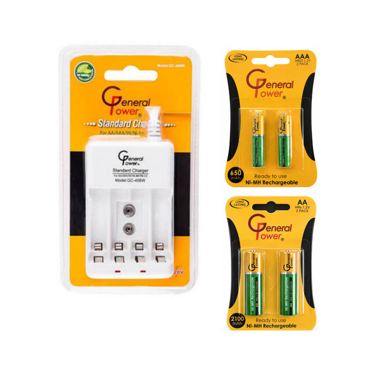 شارژر باتری جنرال پاور مدل GC-406 به همراه باتری قلمی و نیم قلمی قابل شارژ بسته 4 عددی
