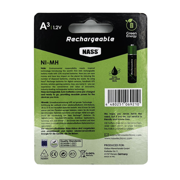 باتری نیم قلمی قابل شارژ ناس مدل NI-MH1000mAh بسته ۲ عددی