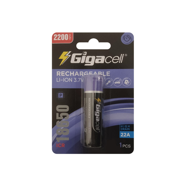 باتری لیتیوم-یون قابل شارژ 18650 دارای برد و محافظ گیگاسل مدل 2200-10c میلی آمپر سر تخت