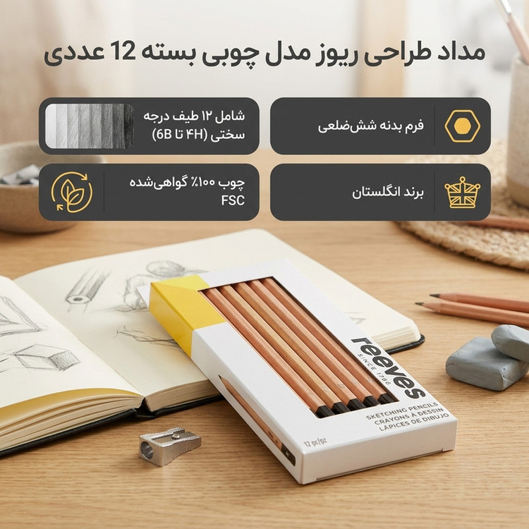 مداد طراحی ریوز با درجه سختی HB کد 1766 بسته 12 عددی