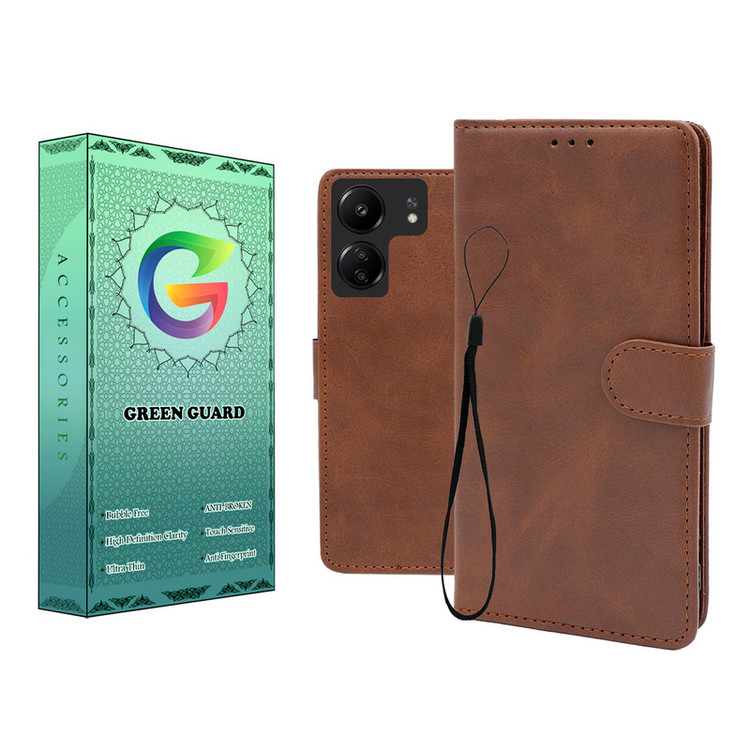 کیف کلاسوری گرین گارد طرح چرمی مدل Landing مناسب برای گوشی موبایل شیائومی Redmi 13C / Poco C65 به همراه بند آویز